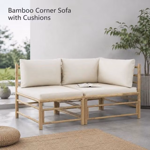 Garden Corner Sofa With Cushions, Cream White, Bamboo