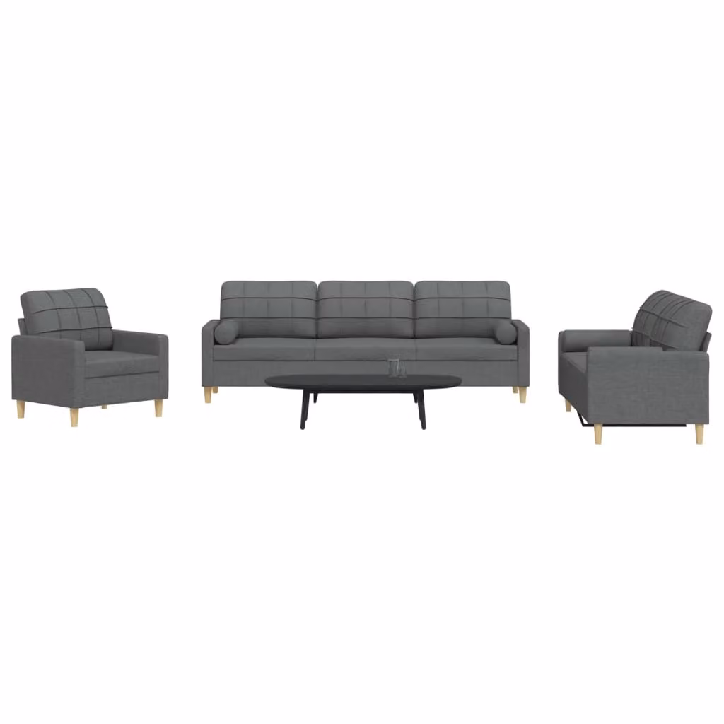 Set di divani 3 pezzi vidaXL in tessuto grigio con cuscini e struttura in metallo per soggiorno – 1