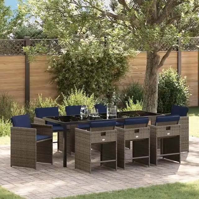 Set da pranzo per giardino e terrazzo vidaXL in polyrattan e vetro grigio, 9 pezzi