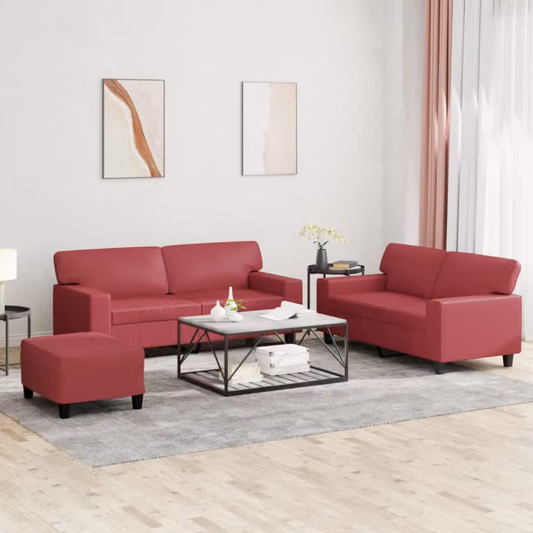 Set di 3 divani vidaXL in similpelle rosso per soggiorno con cuscini inclusi