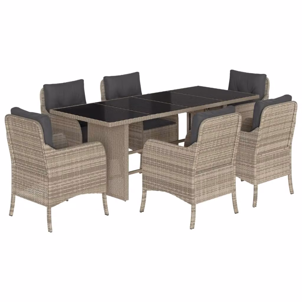 Set da Pranzo da Giardino 7 pz Cuscini Polyrattan Grigio Chiaro