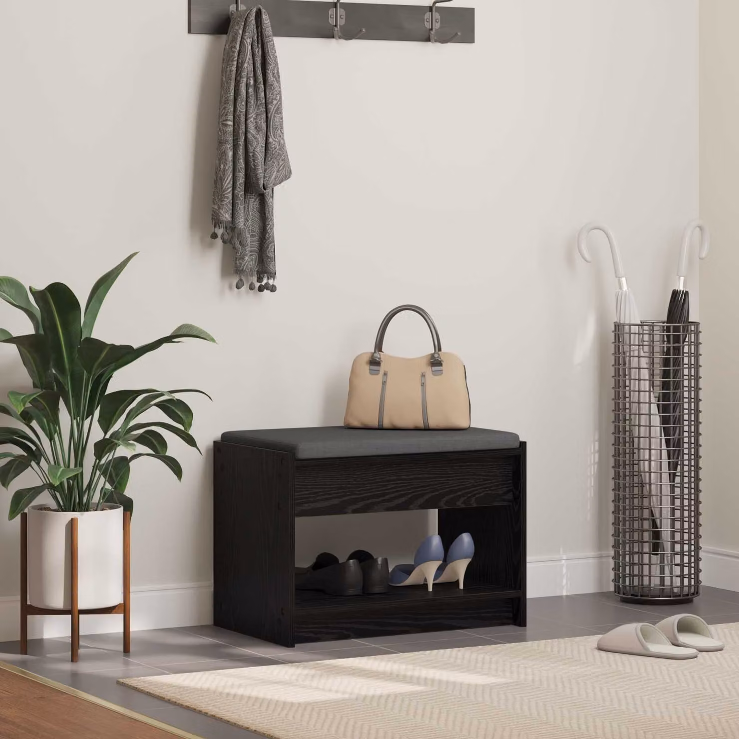 Panca porta scarpe moderna vidaXL in legno rovere nero L: 63 cm, P: 38 cm, H: 45 cm