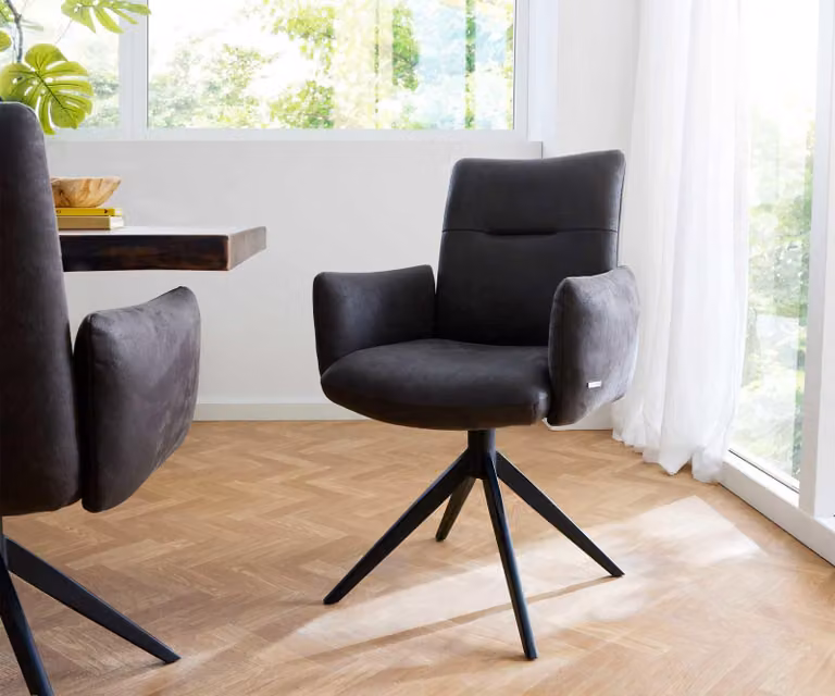 DELIFE Sedia girevole Jova-Flex con braccioli in microfibra antracite vintage, base a croce larga, nera, girevole a 360°, molle insacchettate