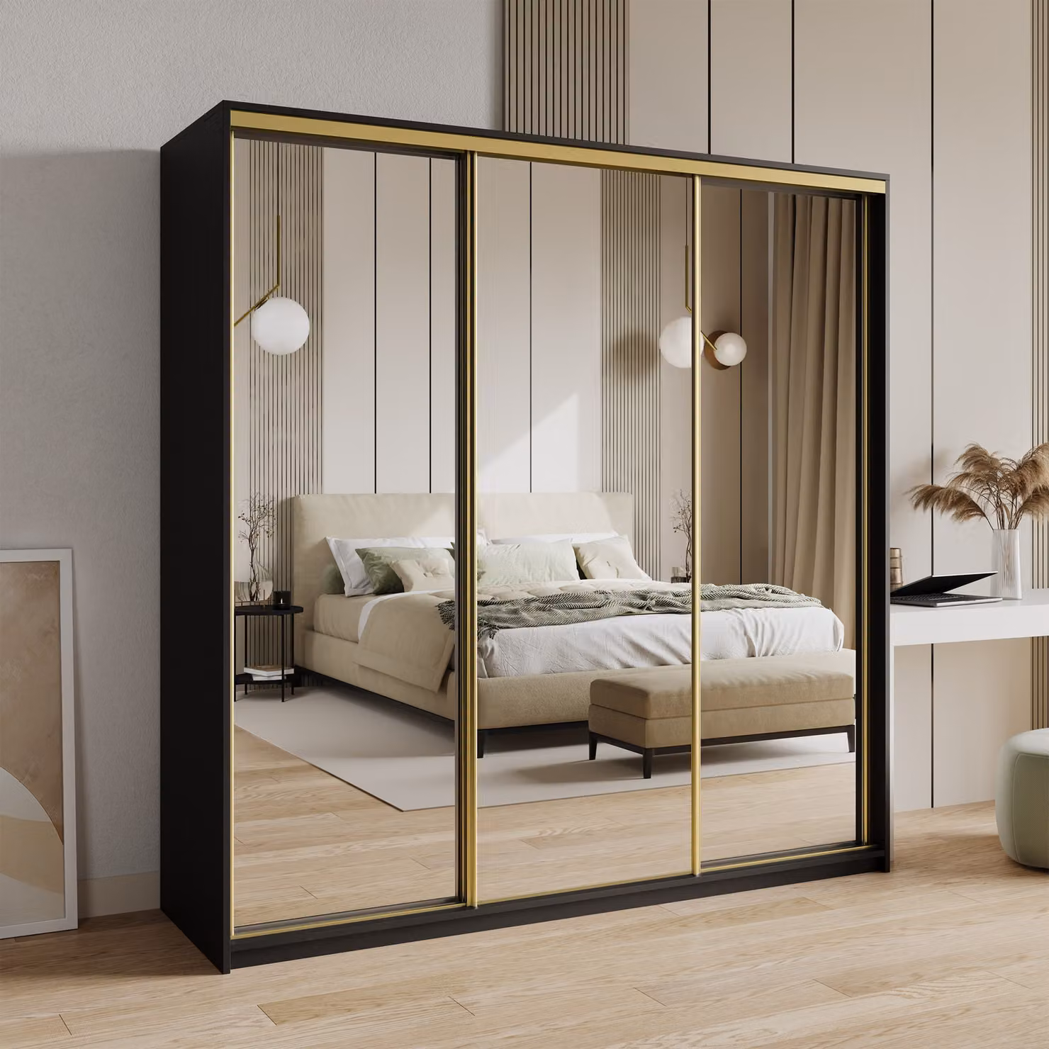 Armadio scorrevole Masseno RIEN 200/205/60 cm Armadio con cassetti Armadio per camera da letto a 3 ante con specchio Nero + Oro