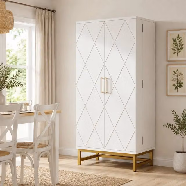 Mobile dispensa ULEVR 60x40x130 cm con ripiani regolabili e vani portaoggetti sulle ante, bianco e oro