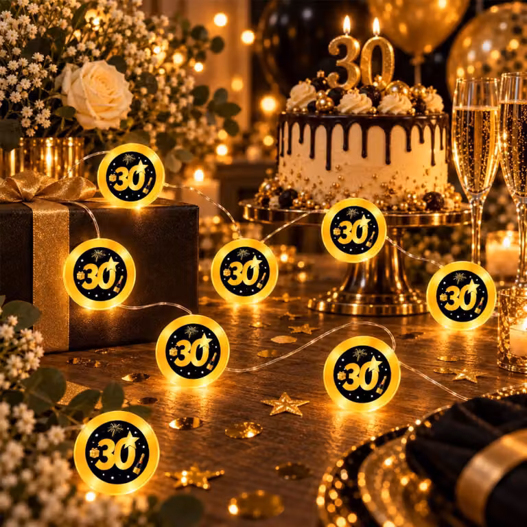 Catena luminosa da 2 metri, con 20 LED bianco caldo, ideale per il 30° compleanno, colore nero e oro