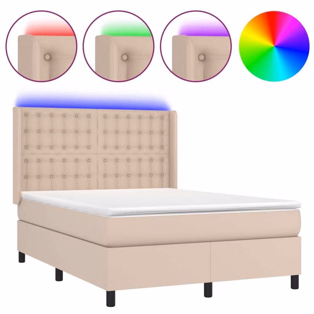 Giroletto Molle Materasso e LED Cappuccino 140x200cm Pelle finta