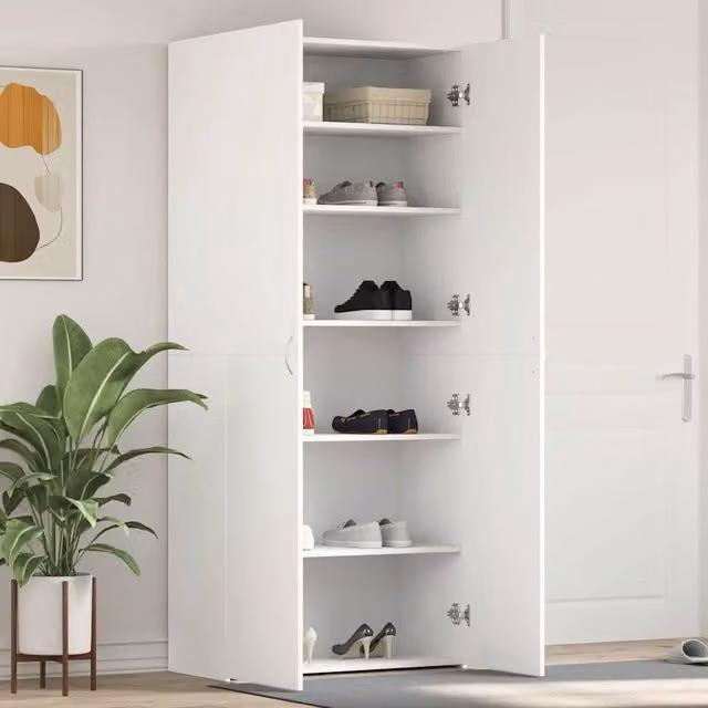Mobile per scarpe vidaXL bianco e argento in MDF con ante a battente L: 80 cm, P: 35.5 cm, H: 180 cm