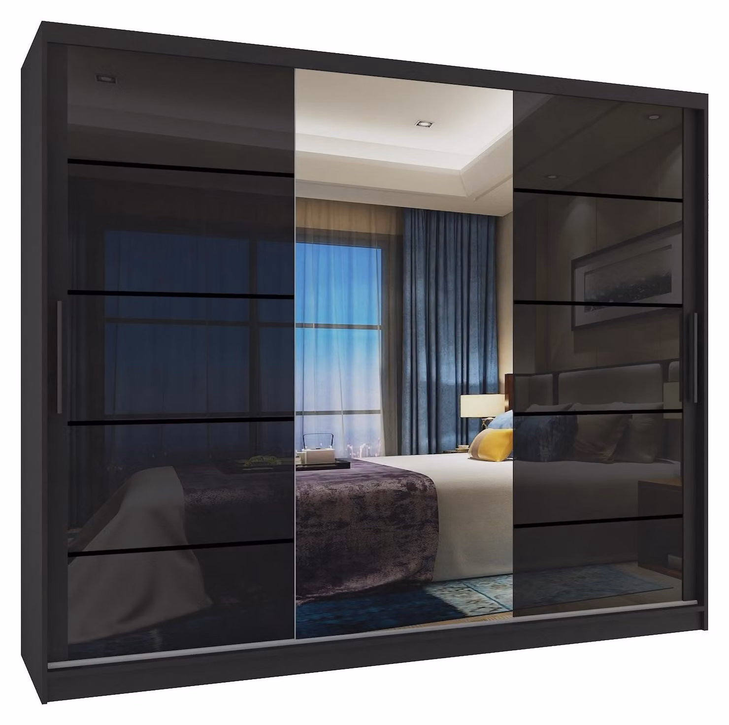 BELINI Verona, armadio scorrevole da 232 cm, nero lucido - armadio con specchio e 4 cassetti, ideale per la camera da letto