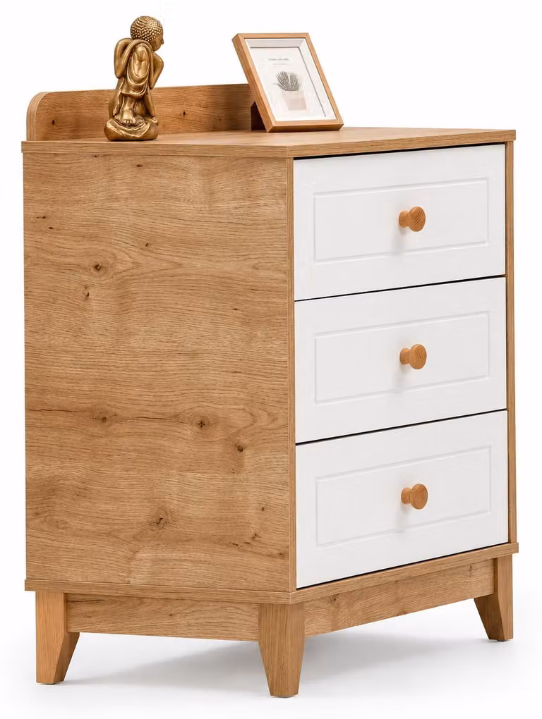 Comodino moderno per cameretta, in legno di quercia bianca, con tre cassetti