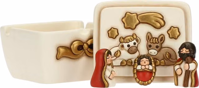 Mini Presepe Thun in ceramica e legno bianco per decorazione da tavolo
