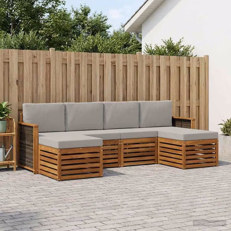 Set di divani da esterno vidaXL a forma di L in legno di acacia con cuscini, beige e grigio