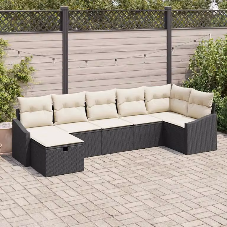 Set di divani da giardino vidaXL in rattan nero con cuscini e struttura in acciaio, composizione a L da 7 pezzi