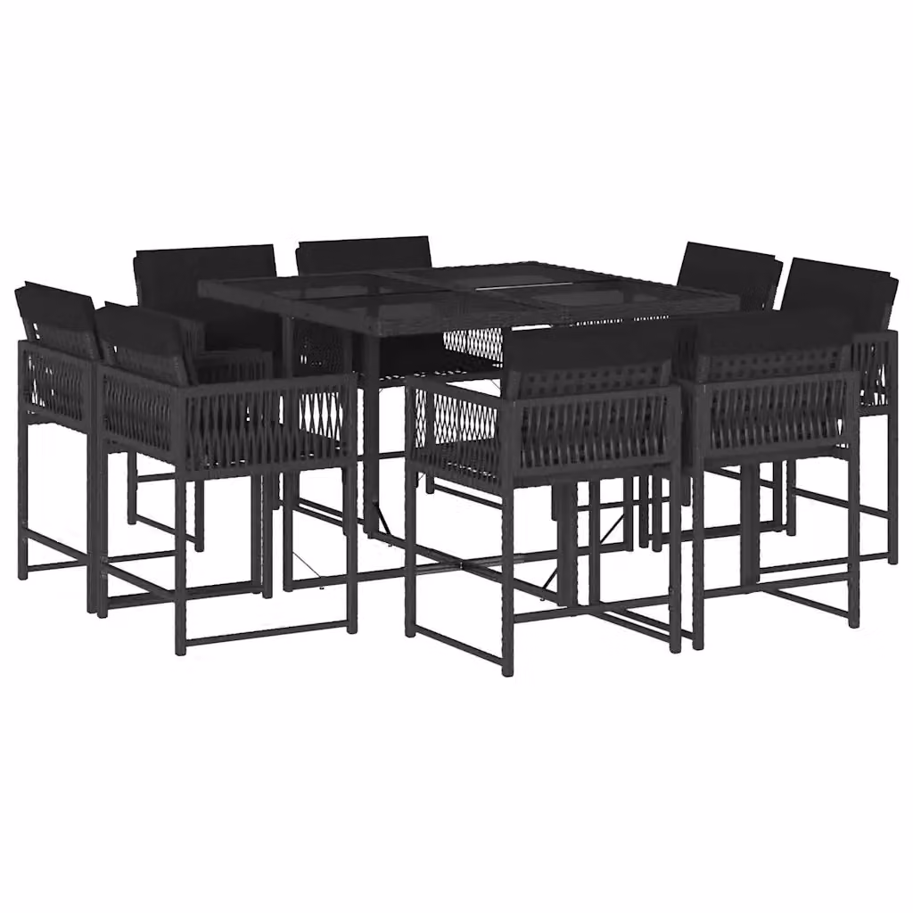 Set da pranzo da giardino vidaXL in polyrattan nero con cuscini e tavolo in vetro 9 pz – 2