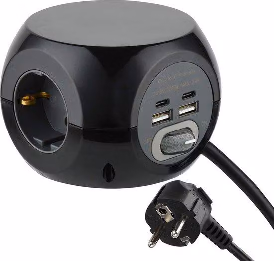 Blocco prese a forma cubica con 3 prese e 4 porte USB (USB-C e USB-A)