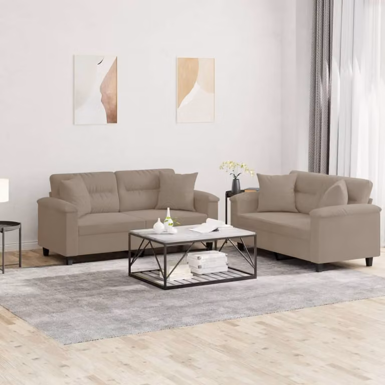Set di 2 Divani vidaXL in Tessuto Microfibra con Cuscini, Colore Grigio e Beige