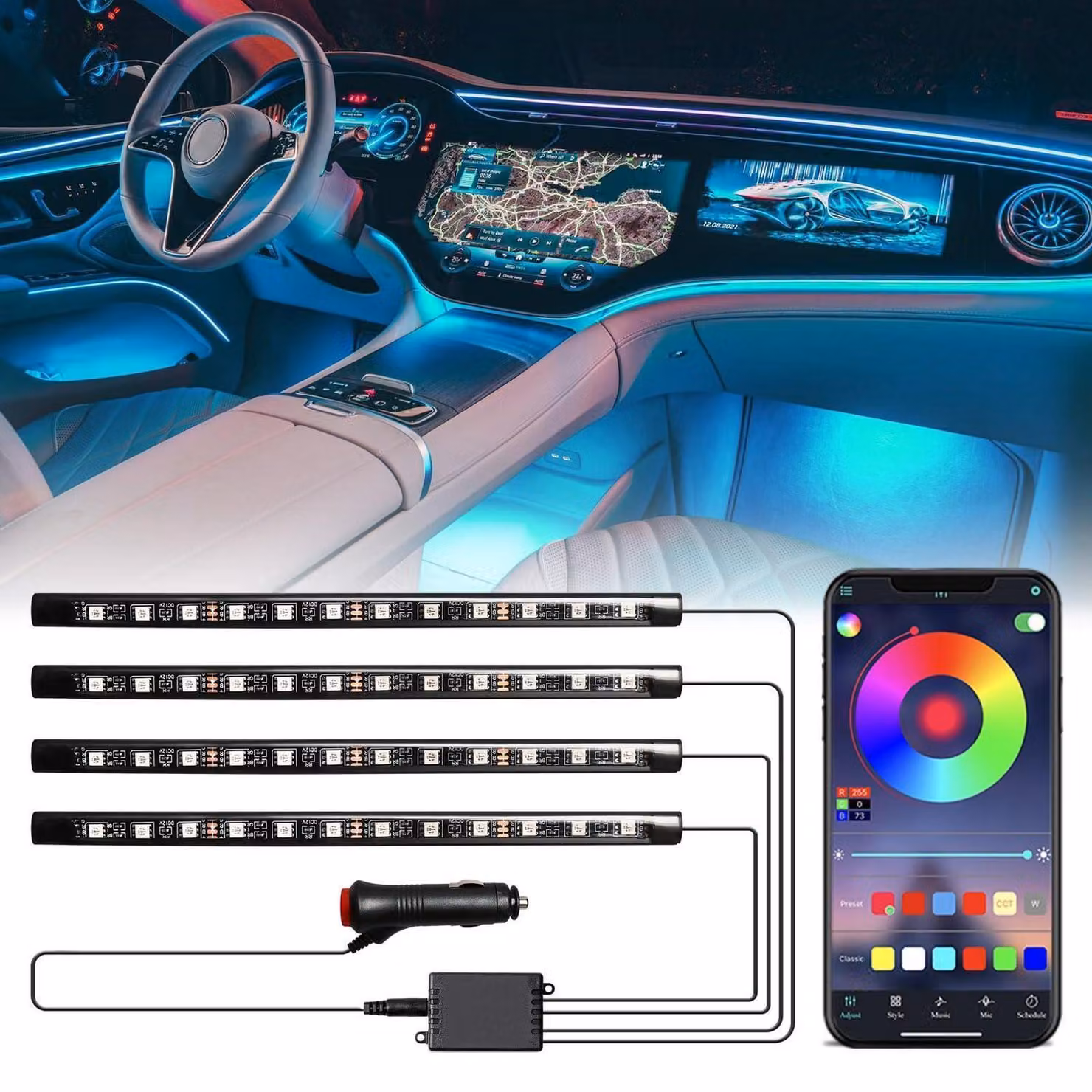 Illuminazione interna LED per auto, 22 cm, luce ambientale RGB con controllo tramite app e accendisigari