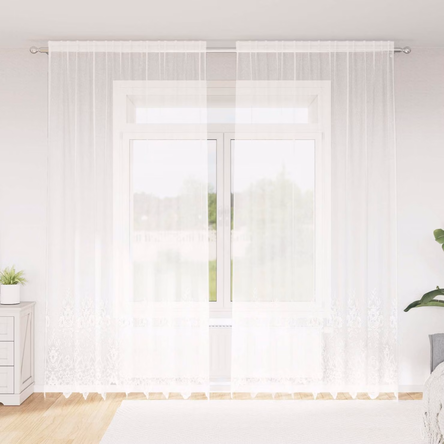 Tenda in pizzo bianca vidaXL con motivo floreale in poliestere, L 280 cm x H 200 cm