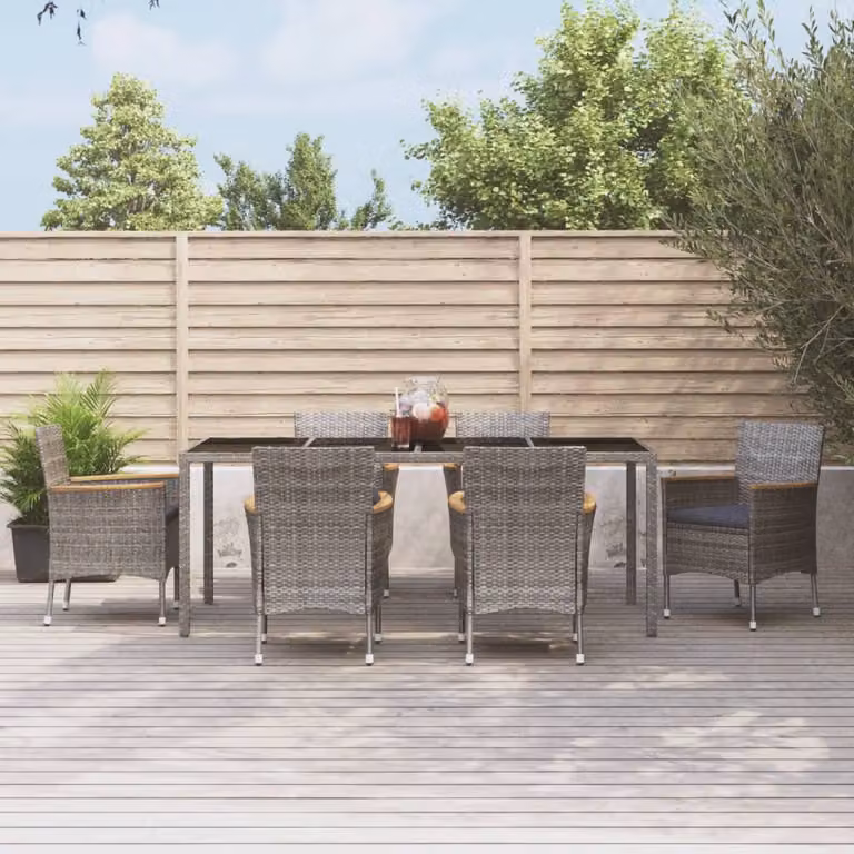 Set da pranzo da giardino vidaXL in polyrattan grigio con cuscini e tavolo in vetro e legno di acacia, 7 pezzi