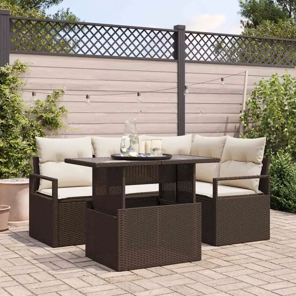 Set Divano da Giardino vidaXL 5 Pezzi con Tavolino, Marrone e Beige, Design Moderno in Polyrattan con Cuscini Inclusi e Struttura in Acciaio Verniciato a Polvere – 1