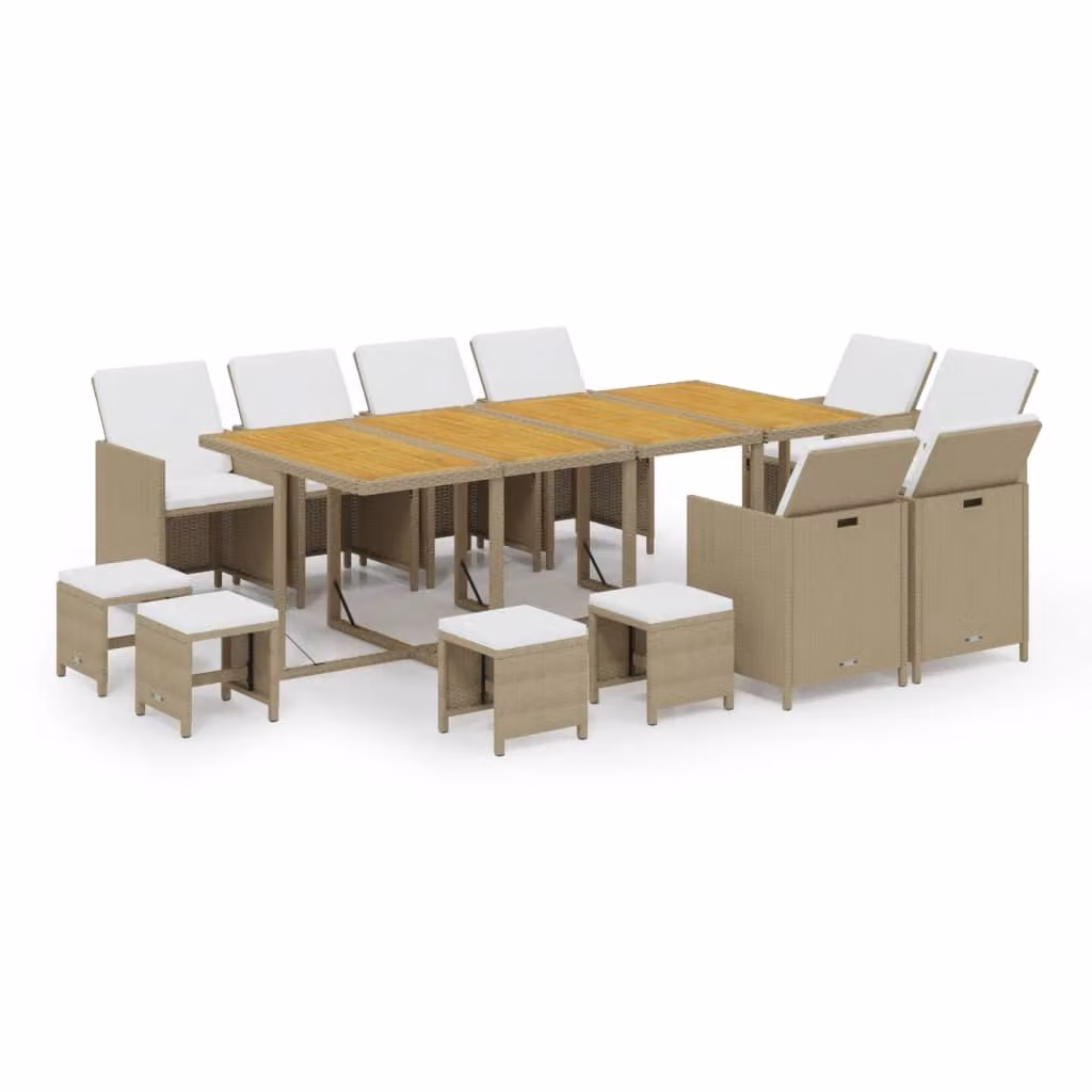Set da Pranzo da Giardino 13 pz con Cuscini in Polyrattan Beige