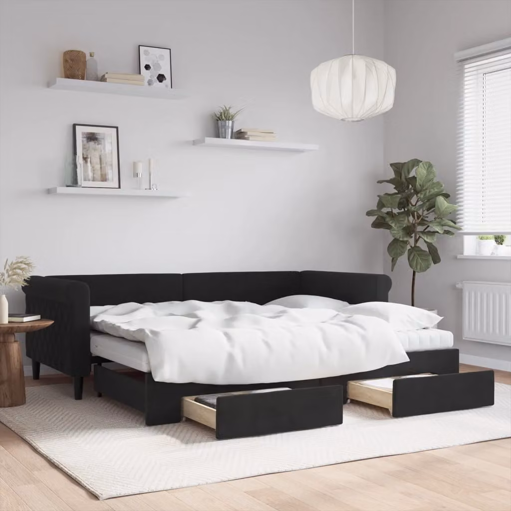 vidaXL Divano Letto Estraibile in Velluto Nero con Cassetti L/P/H: 90 x 200 cm