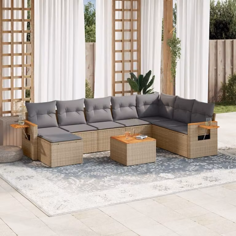 vidaXL Set Divano da Giardino a L 9 pz in Polyrattan con Cuscini Beige e Tavolino da Caffè