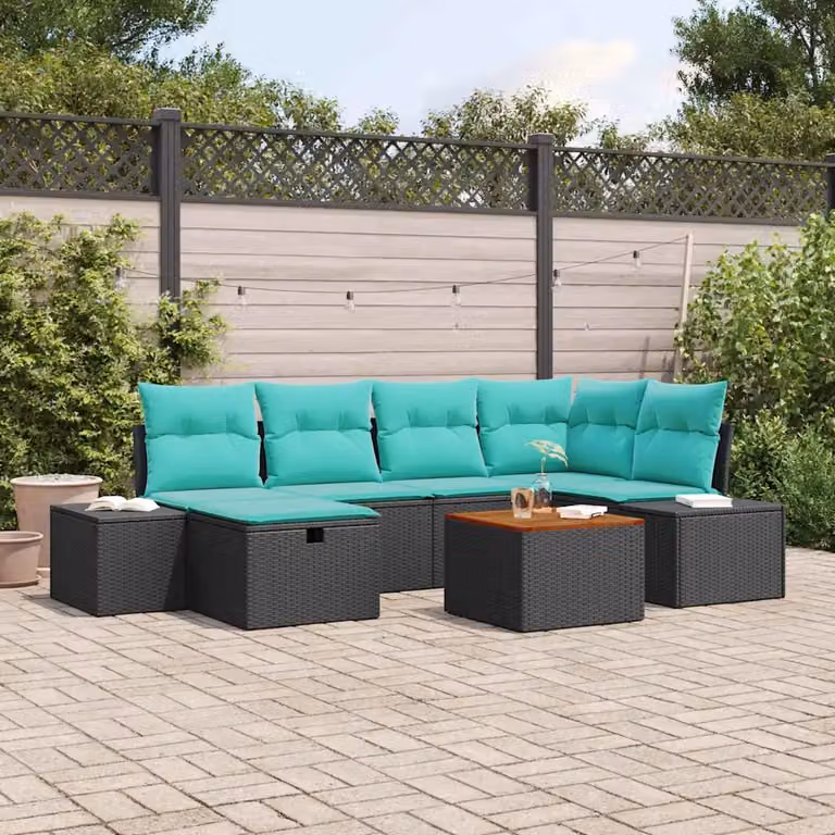 Set Divano da Giardino vidaXL 7 Pezzi a Forma di L con Tavolino e Ottoman, Colore Nero e Turchese, Struttura in Acciaio e Polyrattan