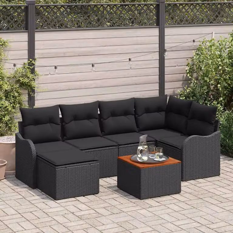 Set Divano da Giardino vidaXL a L con 7 Pezzi, Polyrattan Nero e Cuscini, Tavolino da Caffè e Struttura in Acciaio Verniciato a Polvere