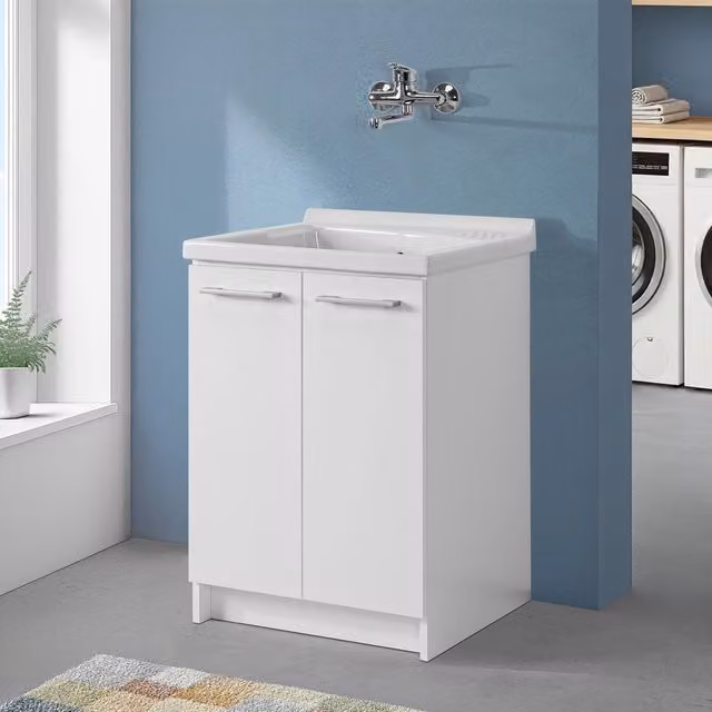 Mobile lavatoio Revine con due ante e vasca in ceramica Dolomite bianca L: 61,4 cm, P: 59 cm, H: 85 cm