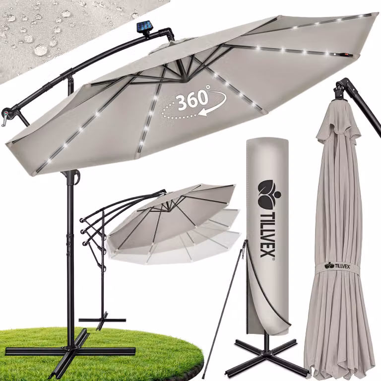 Ombrellone a braccio tillvex in alluminio color taupe con LED e alimentazione solare, Ø 350 cm, con manovella | Ombrellone con interruttore on/off | Ombrellone da giardino in alluminio con protezione UV | Ombrellone a manovella con base, ombrellone da mer
