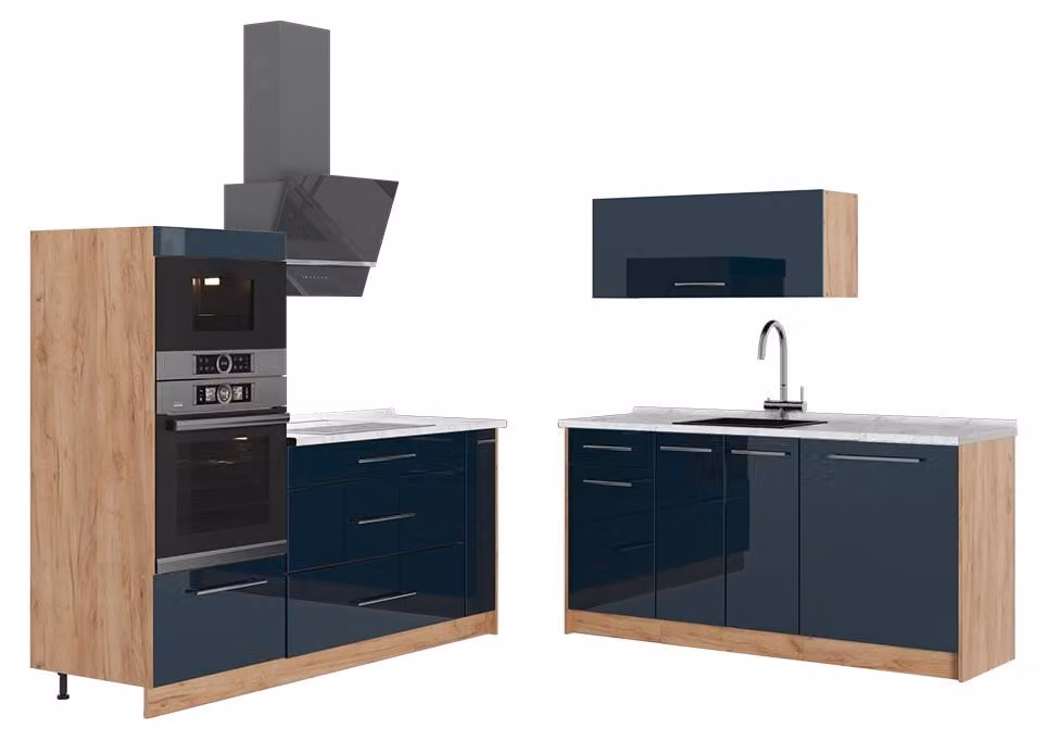 Cucina Vicco Fame-Line Blu scuro lucido/Rovere dorato 340 cm, PL Marmo, Model 65721