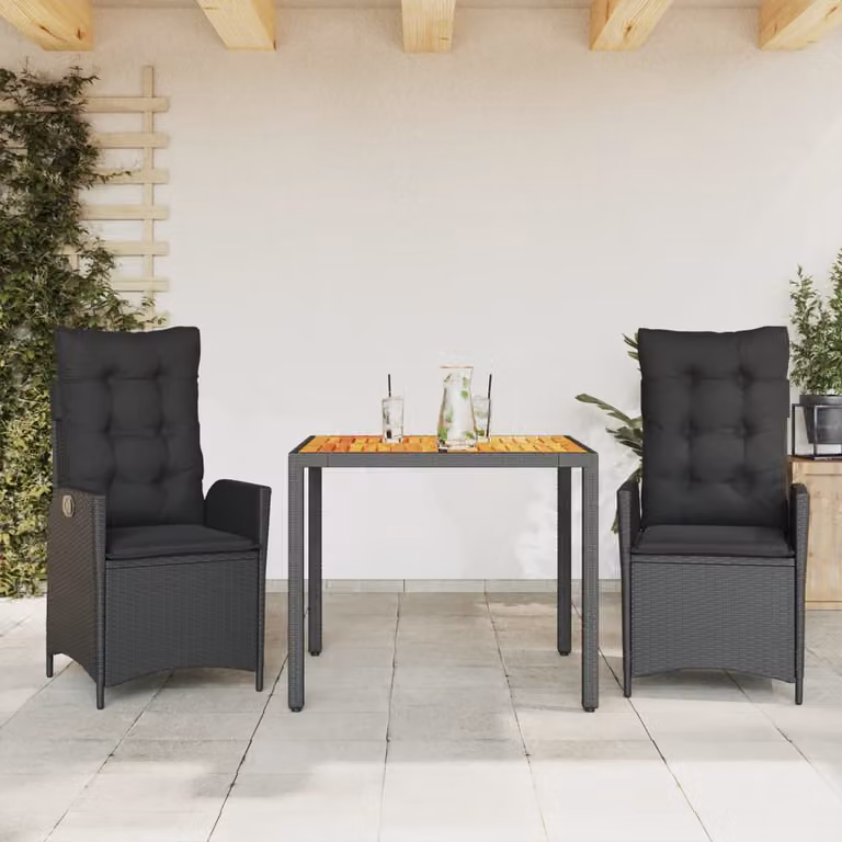 Set da pranzo da giardino vidaXL in polyrattan e legno di acacia nero con cuscini