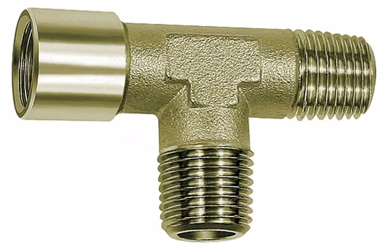 Raccordo a T Riegler, esterno/esterno/interno, G/R 1/8, SW 10, ottone nichelato