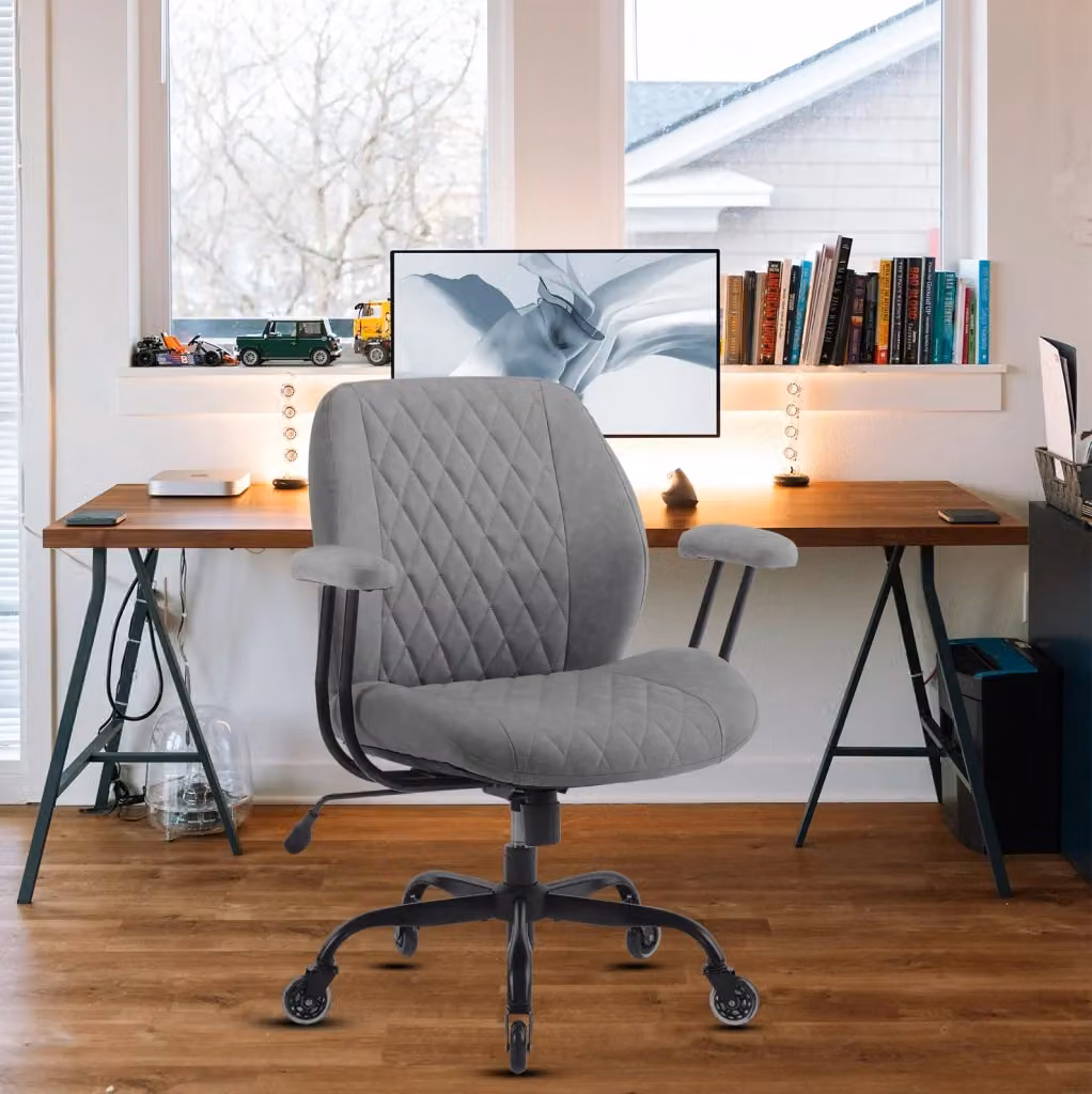 Poltrona da ufficio ergonomica moderna in tessuto e pelle grigia con braccioli e ruote per home office – 2