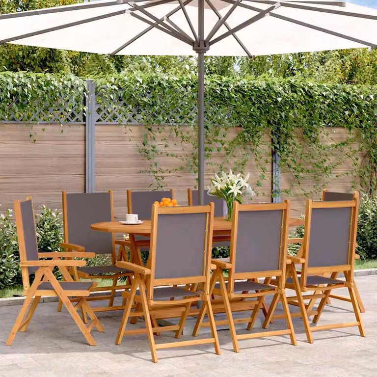 Set di 8 sedie pieghevoli reclinabili vidaXL in legno di acacia oliato e tessuto antracite resistente ai raggi UV con braccioli per giardino e terrazzo