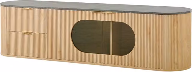 Mobile TV in MDF effetto legno naturale 172x38x45,5 cm con ante 3D a righe verticali e vetrina ovale in vetro grigio