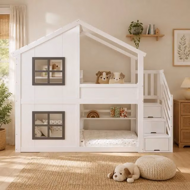 Letto a castello per bambini con scala contenitore; finestre e tetto; 90x200 cm; bianco e grigio