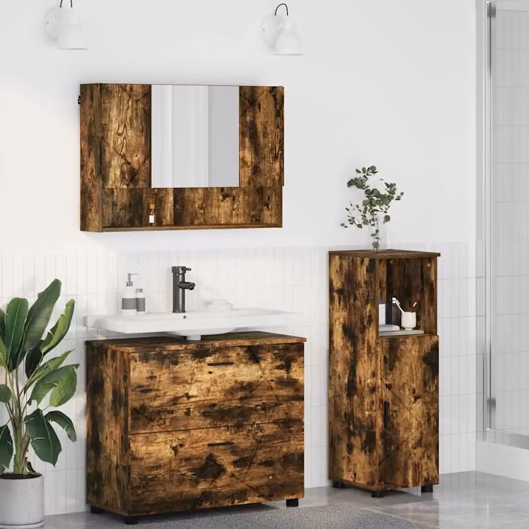 Set di mobili per il bagno moderno vidaXL in 3 pezzi color rovere marrone con mobile lavabo, armadietto con specchio e colonna alta