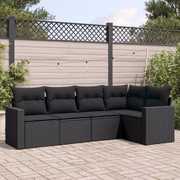 Set di divani da giardino vidaXL a forma di L composto da 5 pezzi con cuscini neri in polyrattan e struttura in acciaio verniciato a polvere