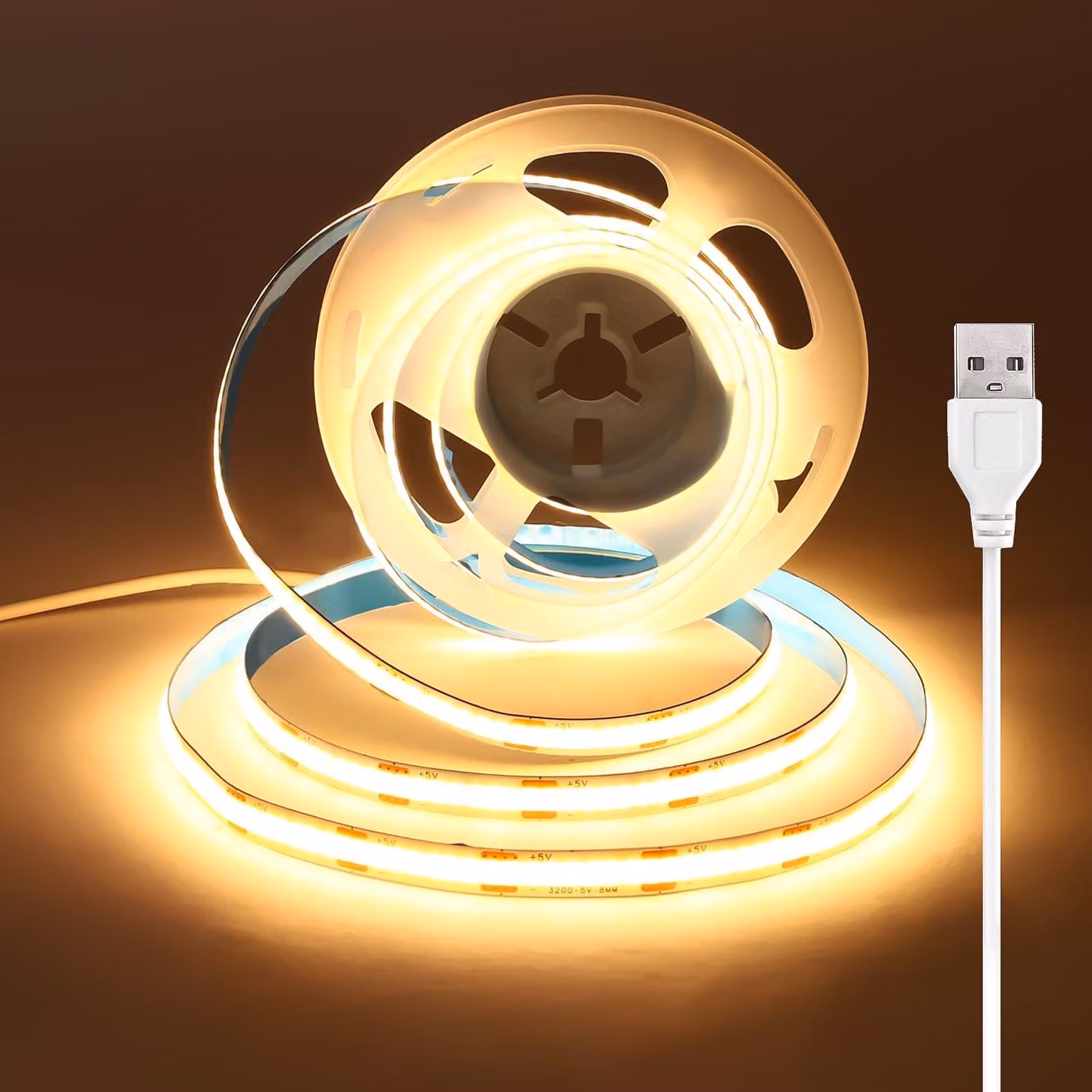 Striscia LED COB da 1,5 metri, alimentazione USB, 5V, luce calda, larghezza 8mm, temperatura di colore 3000K
