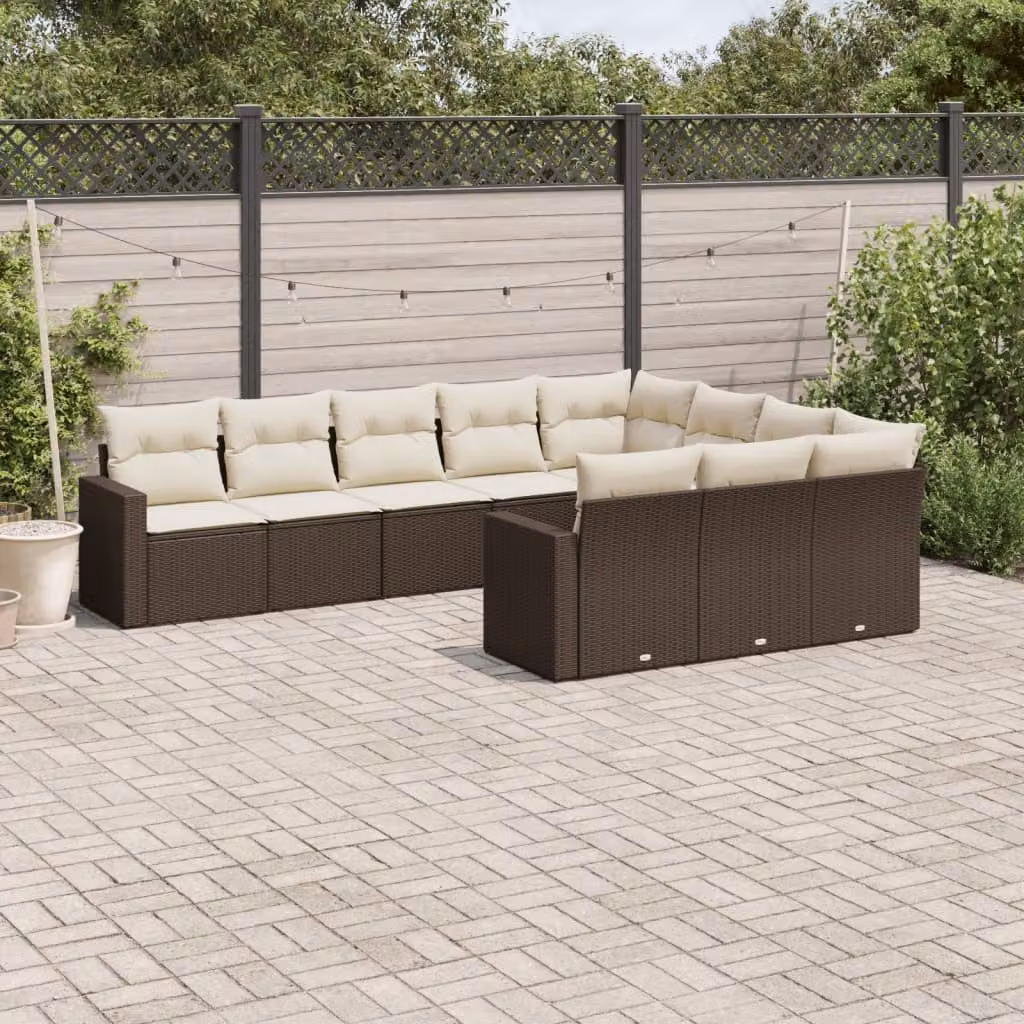 vidaXL Set Divani da Giardino a L 10 Pezzi in Polyrattan Marrone con Cuscini Bianchi – 1