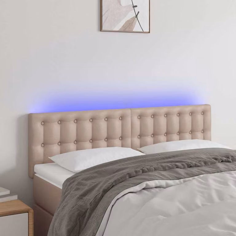 Testiera per letto vidaXL in similpelle color cappuccino con illuminazione LED e porta di ricarica USB, L 144 cm x P 5 cm x H 78-88 cm