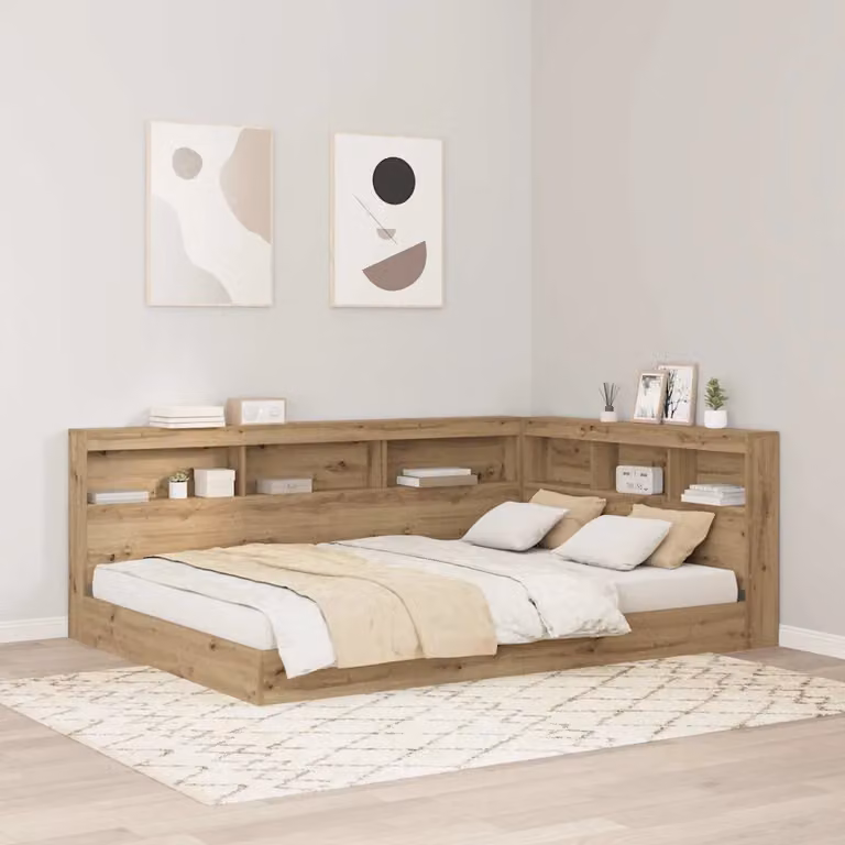 Testata letto con contenitore vidaXL in legno rovere e metallo marrone con ripiano integrato e porta USB L: 217,5 cm, H: 177,5 cm, P: 76,5 cm