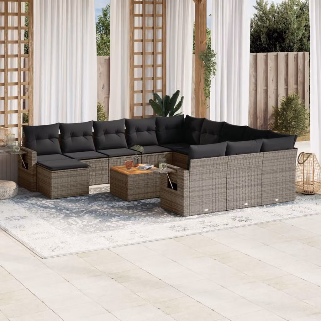 Set di divani da giardino vidaXL in polyrattan grigio con cuscini, componibile a forma di L per esterno e terrazza – 1