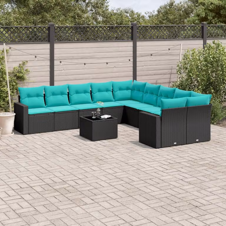 Set di divani da giardino vidaXL 11 pz a forma di L con cuscini blu e struttura in polyrattan nero e acciaio
