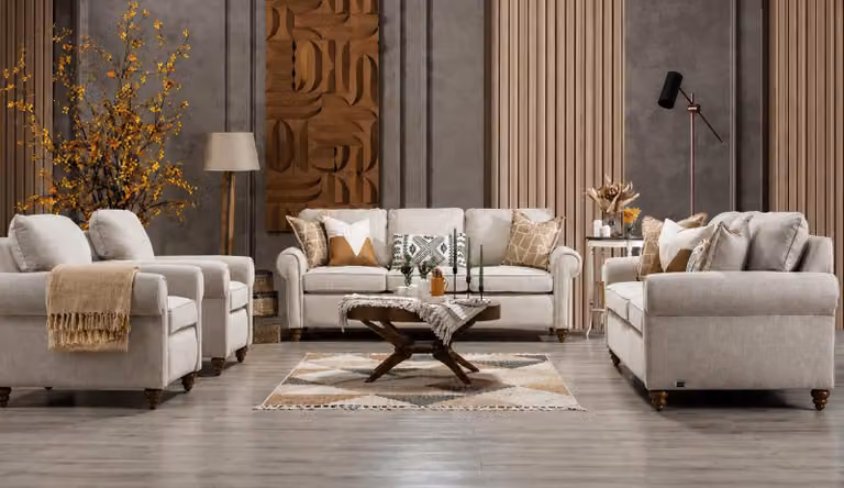 Hellbeige Sofa set 3-Sitzer Sofa Sessel textil Wohnzimmer Weich Hochwertig
