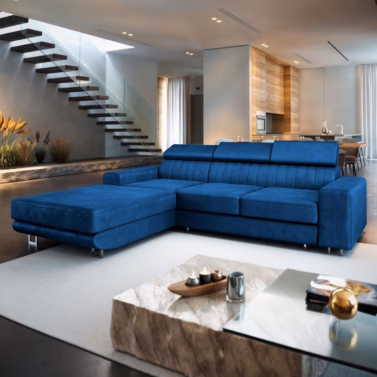 Divano angolare Masseno NOTO L-S con funzione letto a L, divano con box letto, divano da salotto, divano, divano letto, set di divani - blu, MONOLITH 77