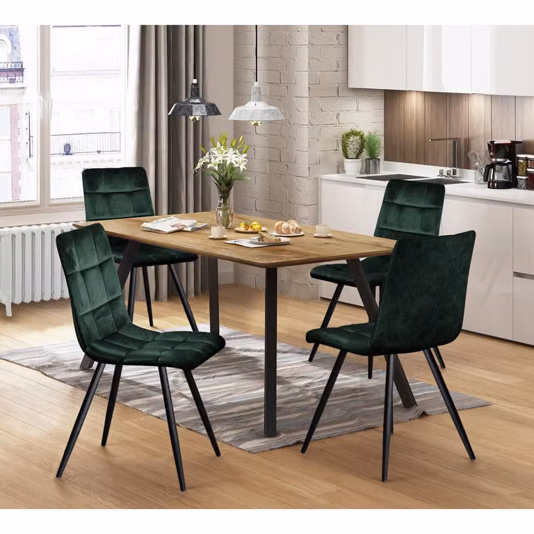 Tavolo da pranzo BERGEN in rovere + 4 sedie BERGEN in velluto verde