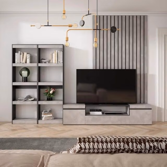 Mobile TV, Soggiorno, 320x35x186cm, Per TV fino a 80", Set di mobili, grigio cemento RF2605